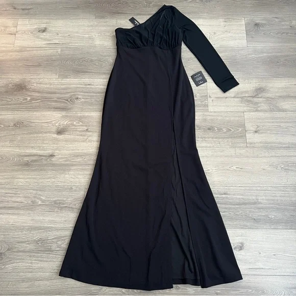 Lulus Stunning Essence One Shoulder Mermaid Maxi Dress Large Black Slit Mesh NWT - Picture 5 of 12